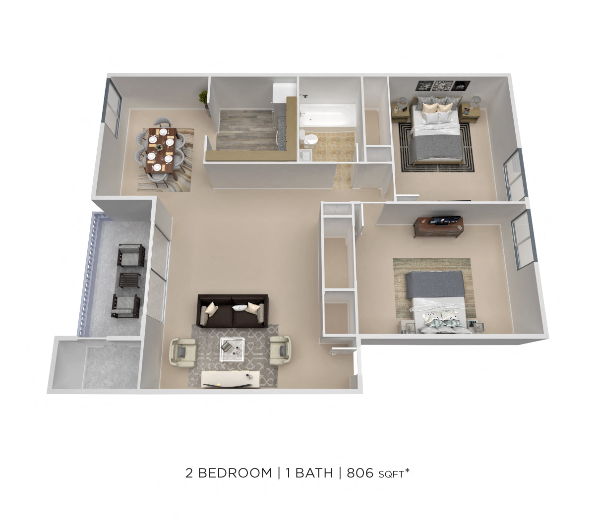 Floor plan for 2 beds, 1 bath, 806 sqft